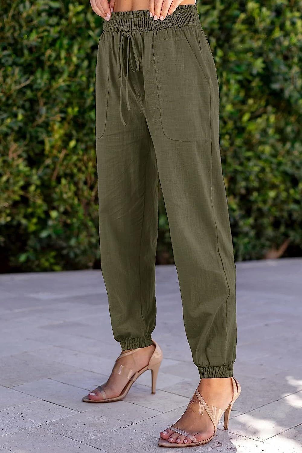 Women's Joggers Faux Linen Plain Black Khaki Fashion High Waist Full Length Street Daily