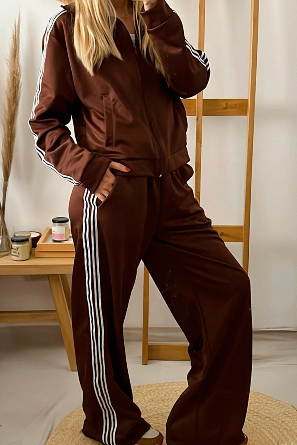 Coffee Varsity Striped Detail Jacket and Loose Pants 2pcs Tracksuit