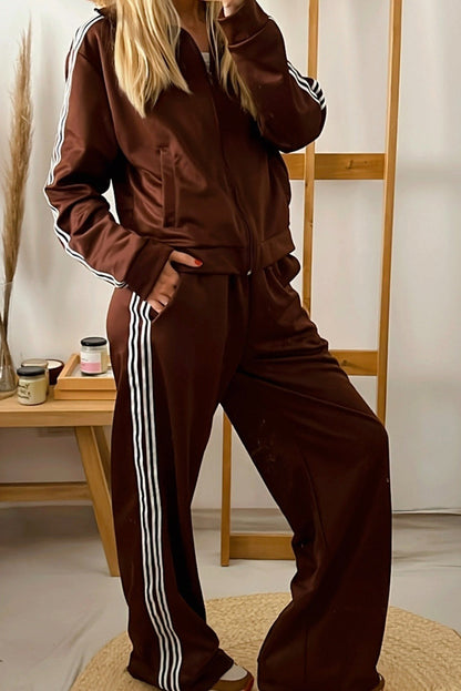 Coffee Varsity Striped Detail Jacket and Loose Pants 2pcs Tracksuit