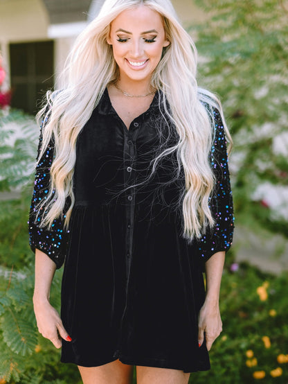 Elegant Black Velvet Peplum Shirt with Sequin Detail