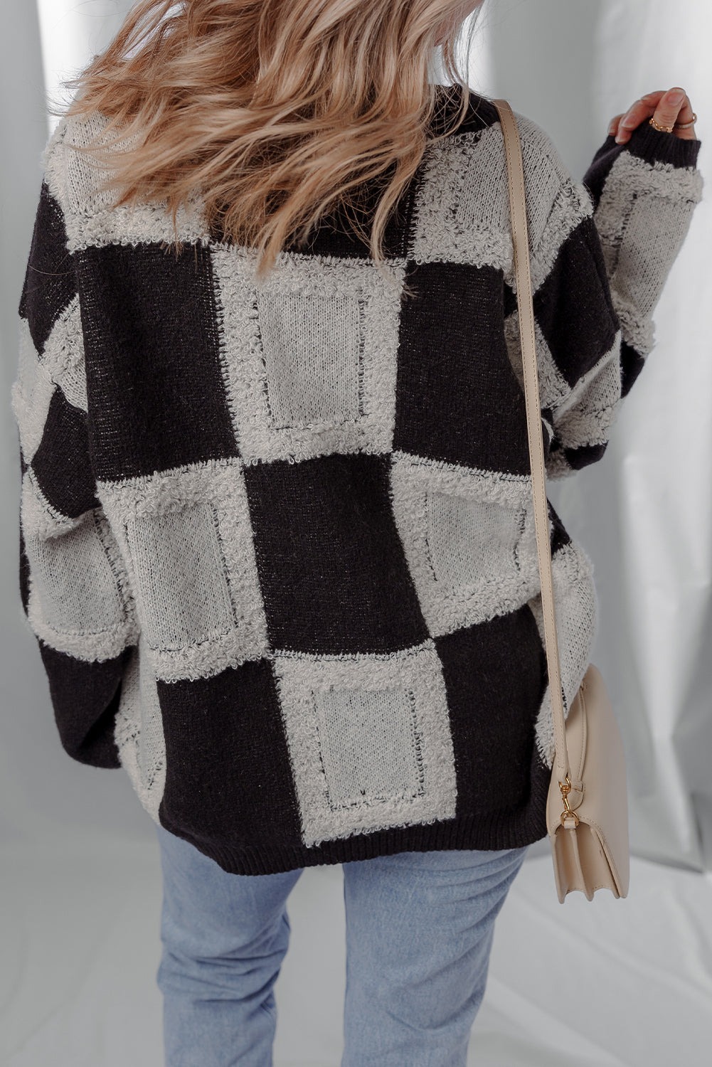 Black Button Front V Neck Checkered Pattern Knit Sweater Cardigan