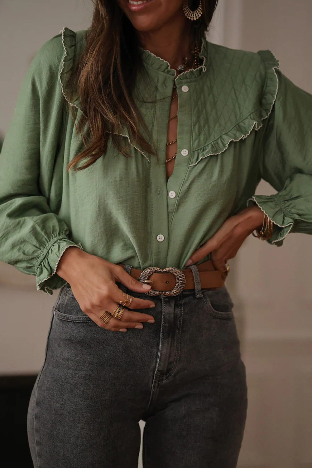Green Bay Embroidered Ruffle Trim Long Sleeve Loose Shirt