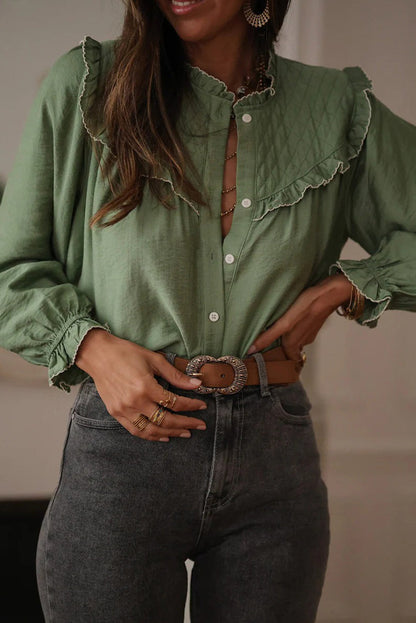 Green Bay Embroidered Ruffle Trim Long Sleeve Loose Shirt