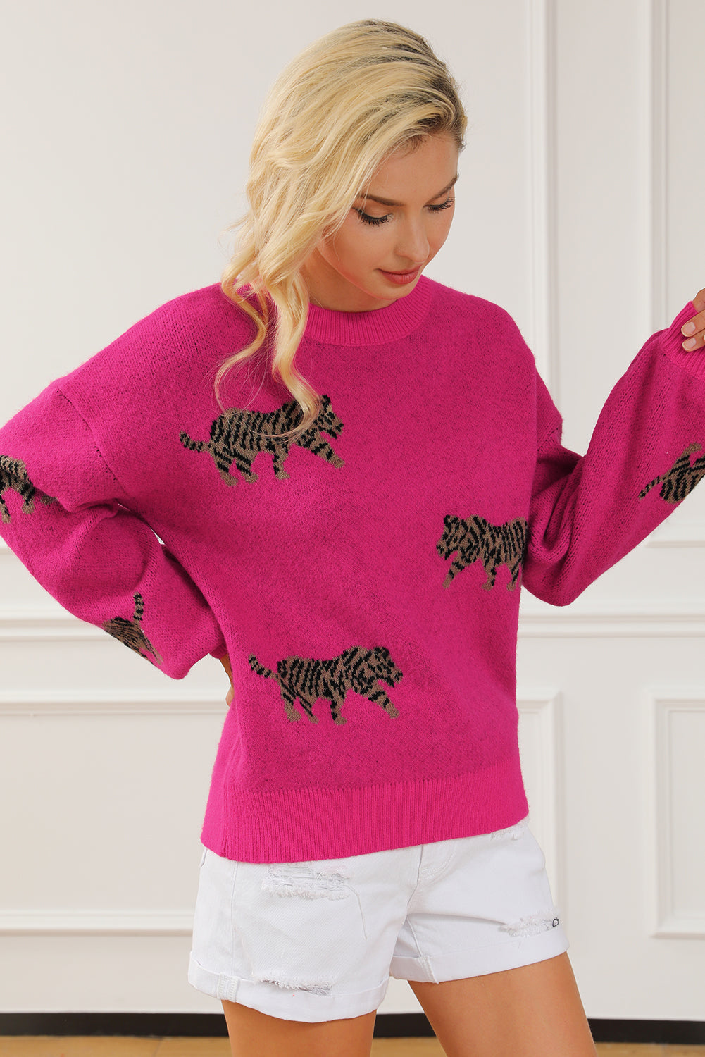 Fierce Leopard Print Rose Red Knit Sweater for Casual Chic