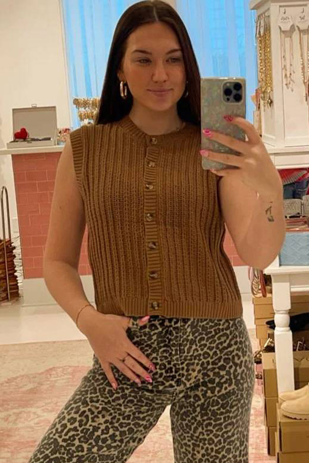 Camel Buttoned Front Sleeveless Sweater Vest