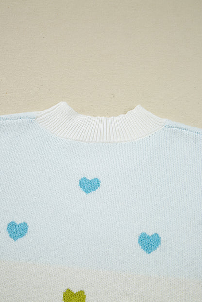 Multicolour Heart Pattern Colorblock Knit High Neck Baggy Sweater