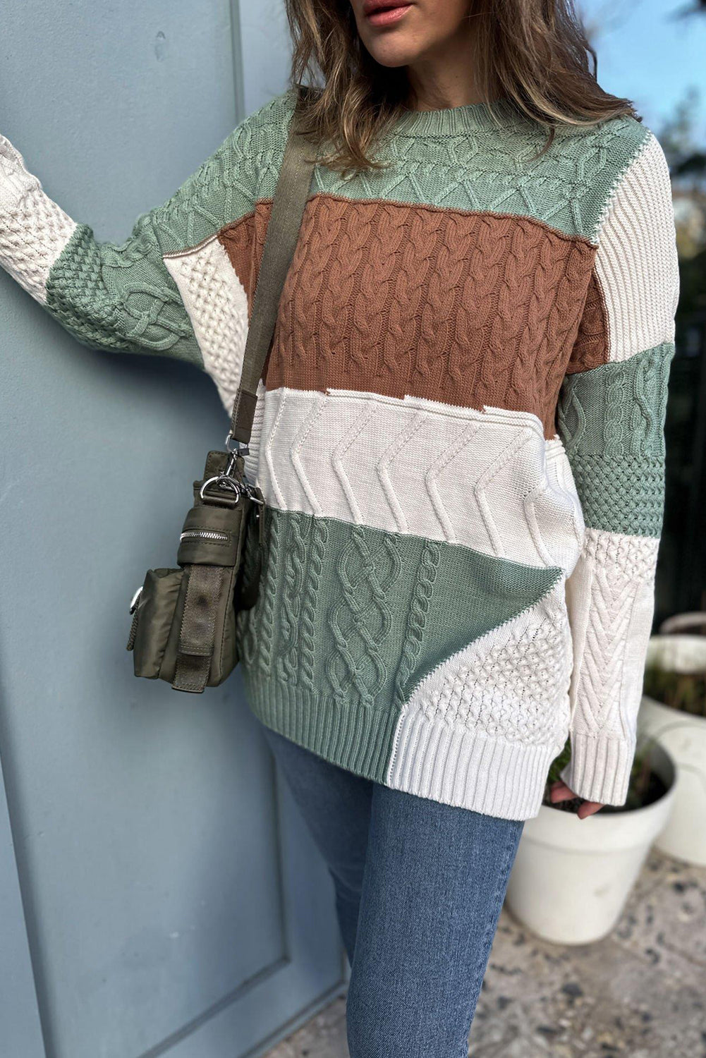 Green Cable Mix Texture Color Block Knit Baggy Sweater