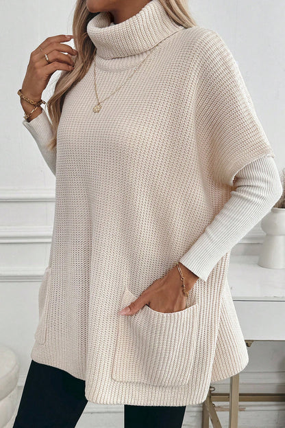 Jet Stream Plain Knit Casual Turtleneck Pocketed Short Sleeve Tunic Sweater