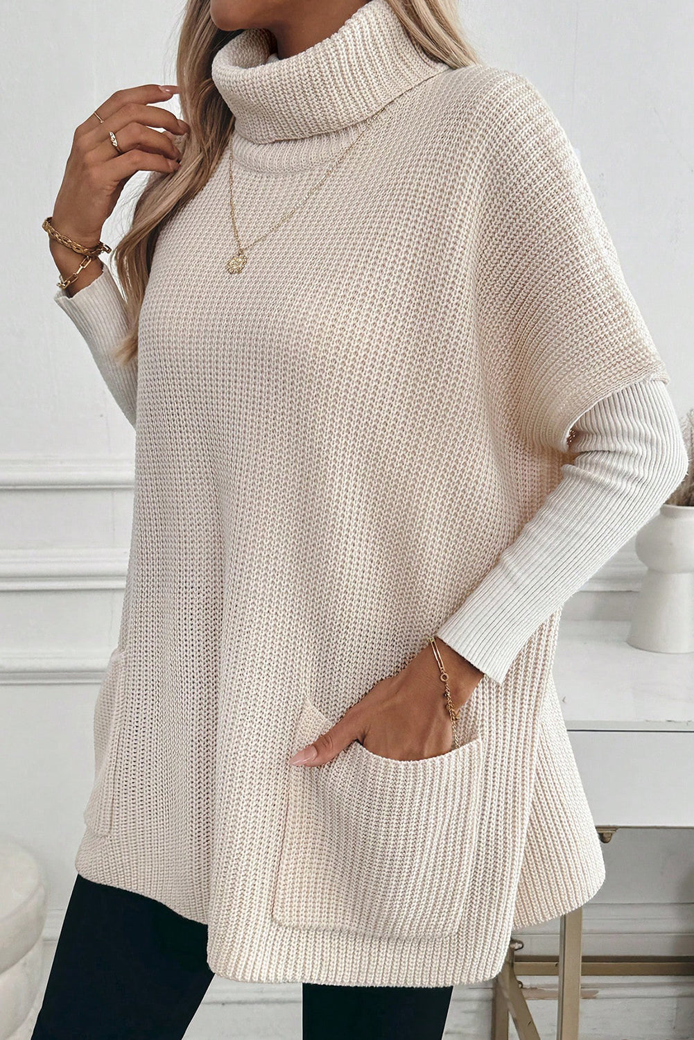 Jet Stream Plain Knit Casual Turtleneck Pocketed Short Sleeve Tunic Sweater