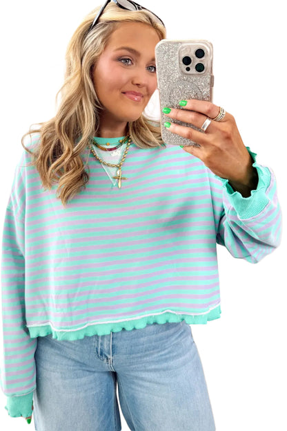 Green Stripe Exposed Seam Contrast Ribbed Trim Oversize Sweatshirt