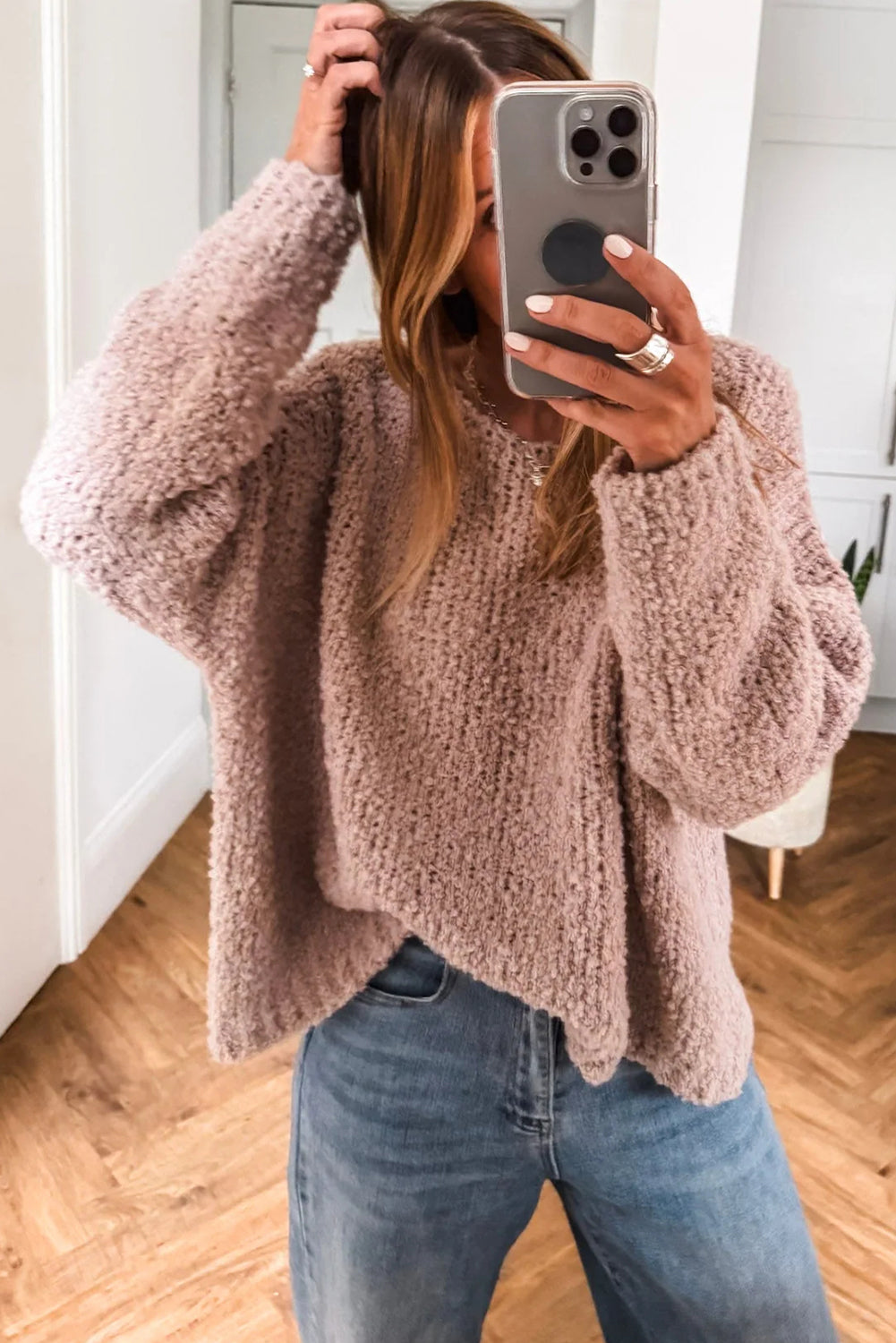 Dusty Pink Round Neck Fuzzy Knit Drop Shoulder Loose Sweater