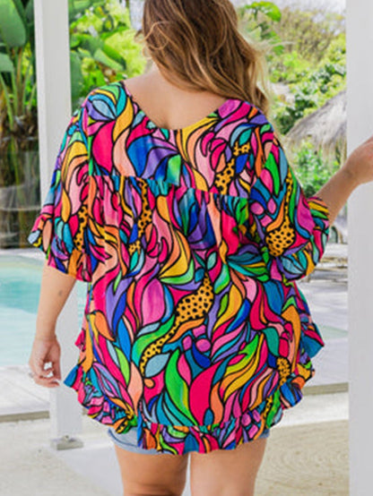 Rose Abstract Print Frilly Trim Blouse for Plus Size Women