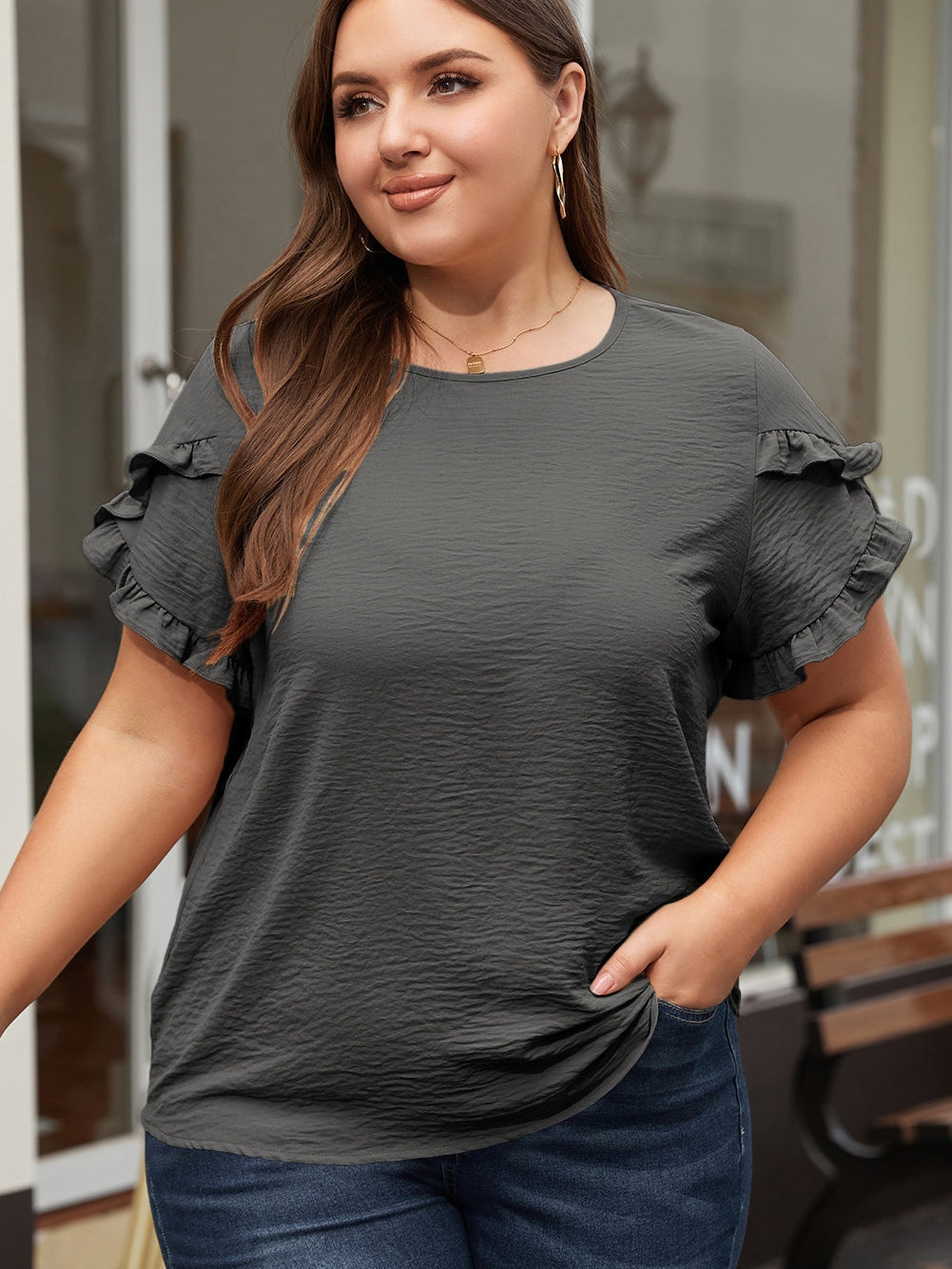 Dark Grey Ruffled Short Sleeve Plus Size Top