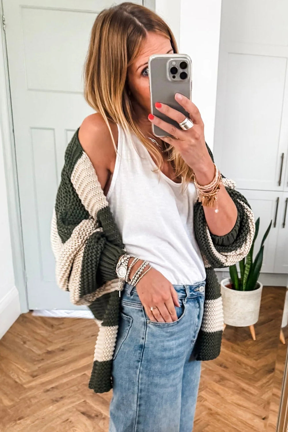 Green Stripe Drop Shoulder Open Slouchy Cardigan