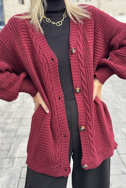 Burgundy Cable Knit Button V Neck Oversize Sweater Cardigan