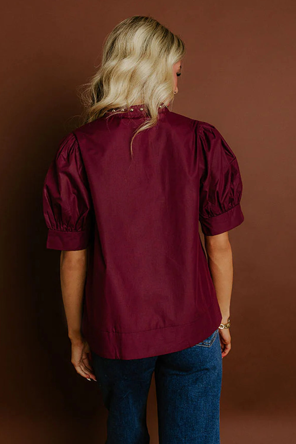 Burgundy Rivet Embellished V Neck Short Puff Sleeve Blouse