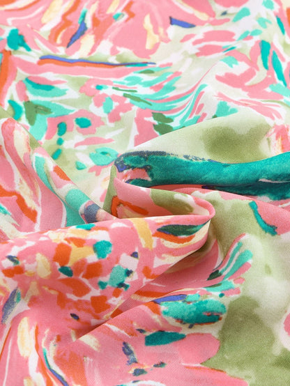 Green Abstract Floral Print Collared Sheath Blouse with Long Sleeves