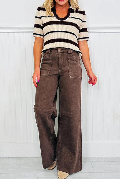 Dark Brown Retro Washed Patch Pocket Loose Jeans