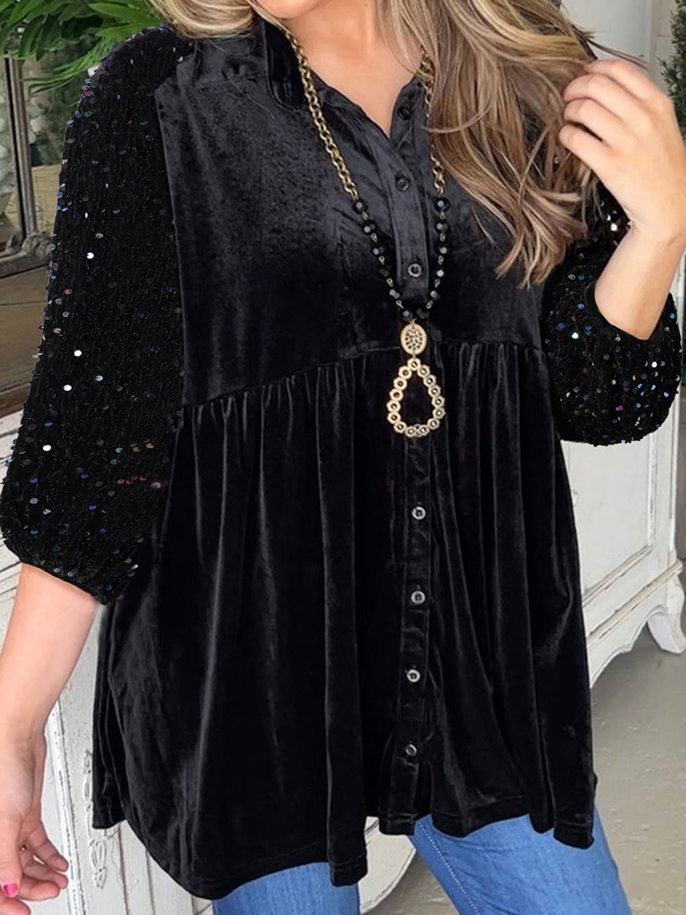 Elegant Black Velvet Peplum Shirt with Sequin Detail