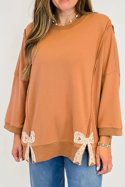 Grapefruit Orange Floral Bow Patched Slit Exposed Seam Patchwork Baggy Sweatshirt