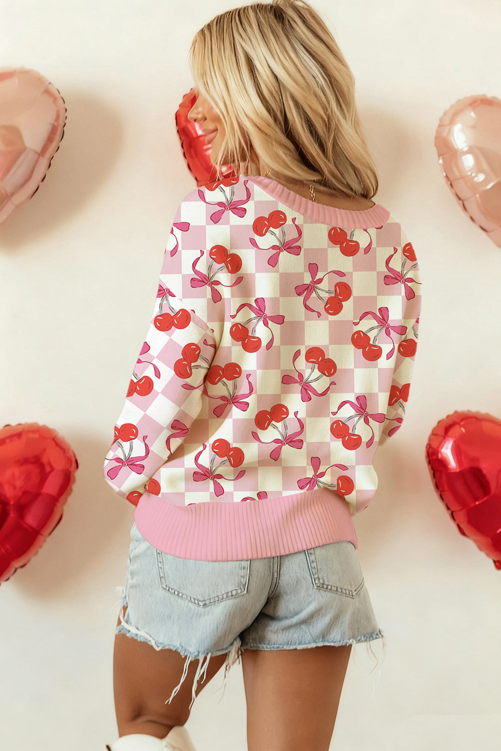 Pink Checkered Cherry Bow Print Ribbed Trim Drop Shoulder Sweater