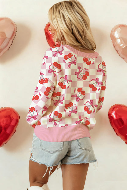 Pink Checkered Cherry Bow Print Ribbed Trim Drop Shoulder Sweater
