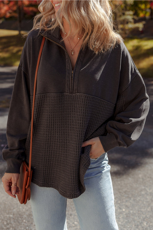 Carbon Grey Waffle Knit Patchwork Half Zipped Casual Sweatshirt