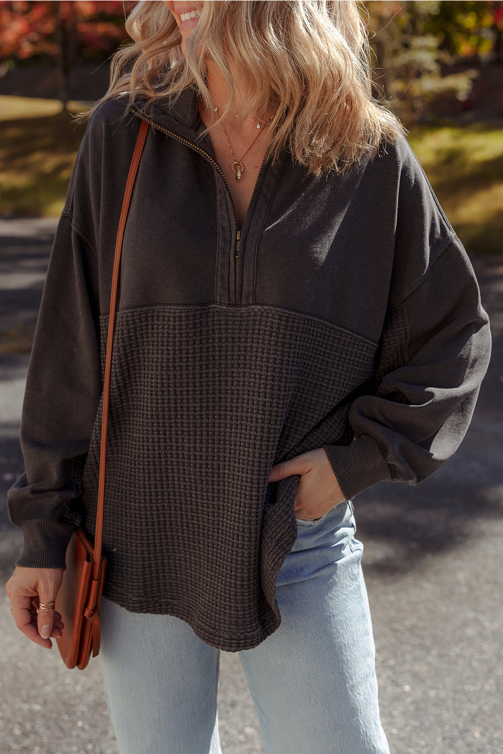 Carbon Grey Waffle Knit Patchwork Half Zipped Casual Sweatshirt