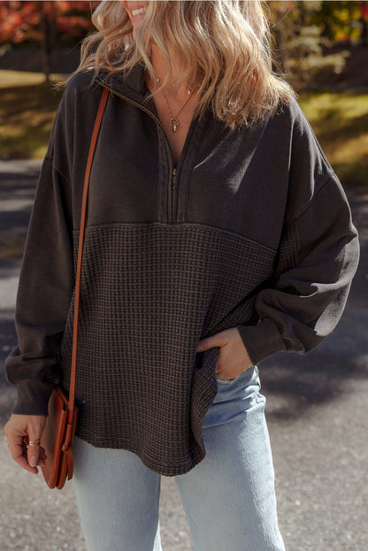 Carbon Grey Waffle Knit Patchwork Half Zipped Casual Sweatshirt