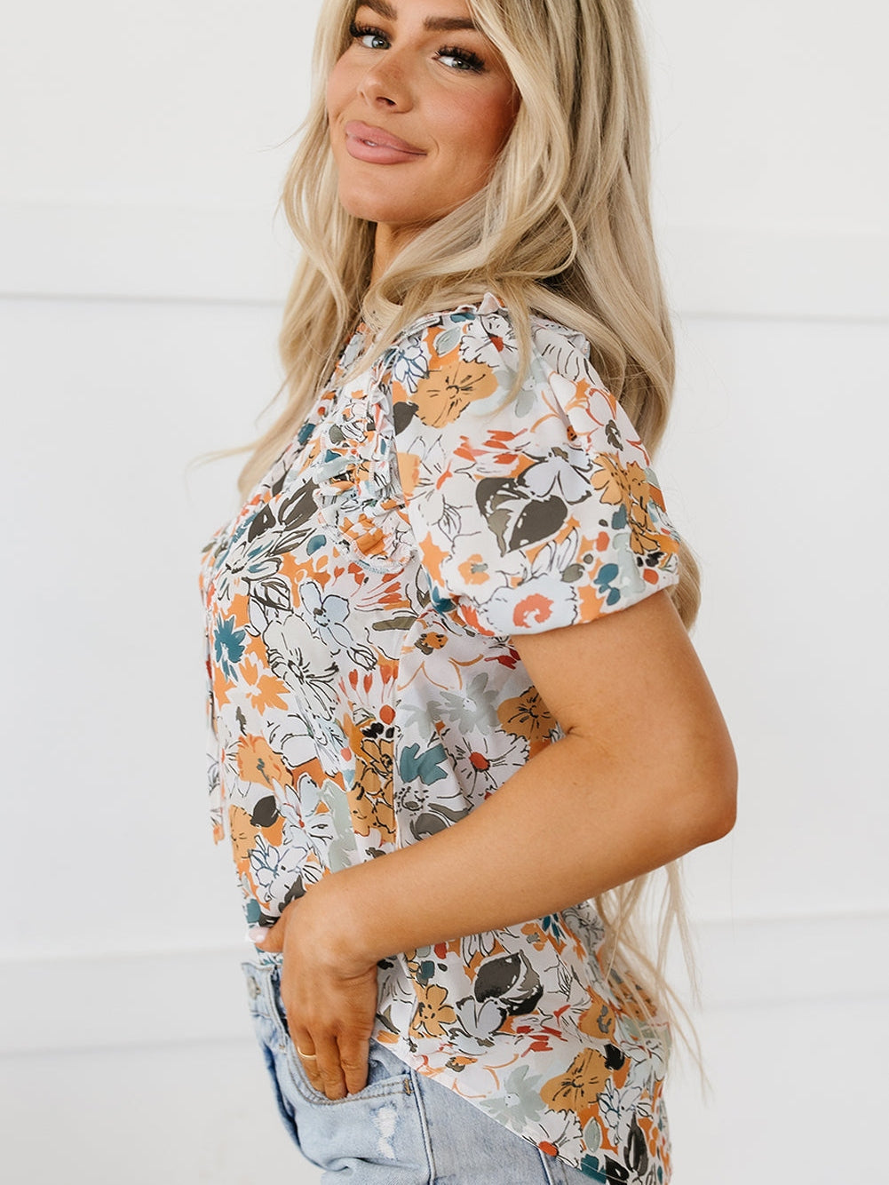 Floral Print Split V Neck Puff Sleeve Blouse