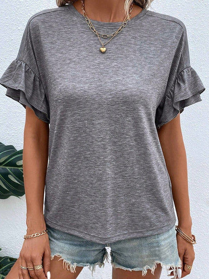 Grey Tiered Ruffle Sleeve Crew Neck Shift Top