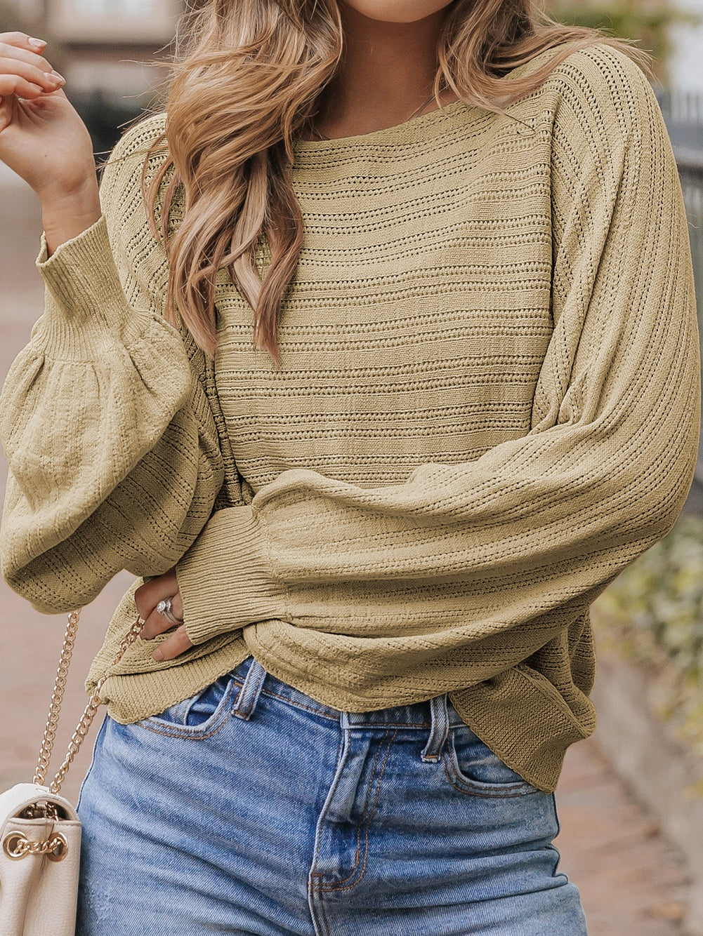 Apricot Eyelets Textured Lantern Sleeve Knit Jumper