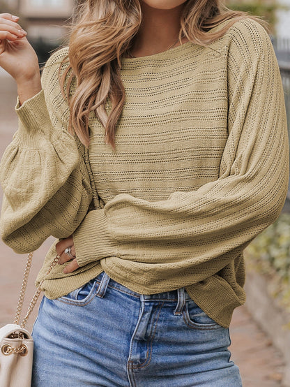 Apricot Eyelets Textured Lantern Sleeve Knit Jumper