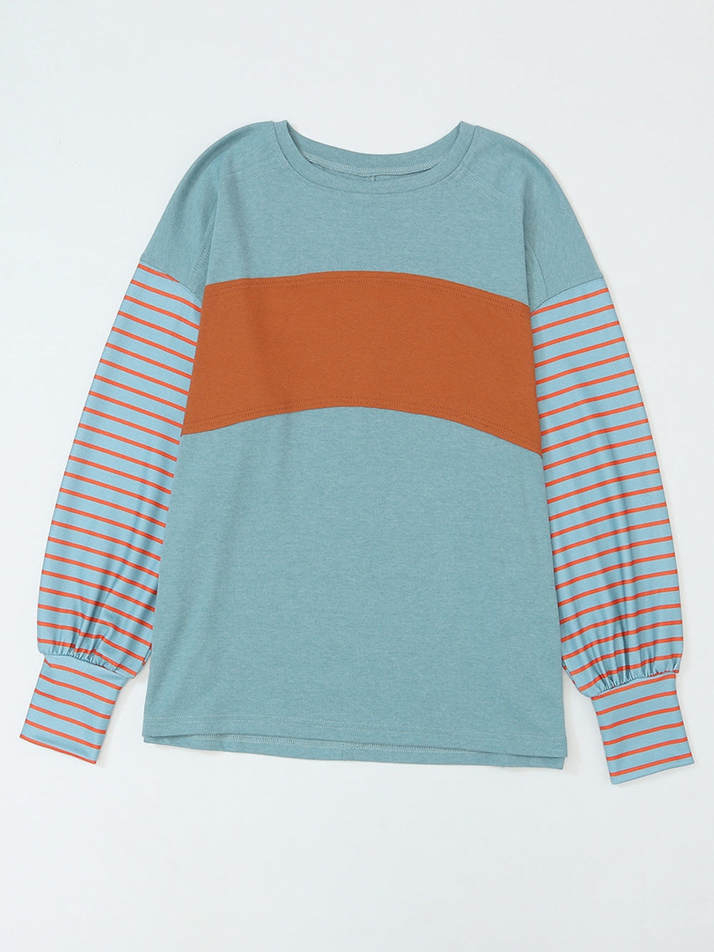 Green Striped Colorblock Bishop Sleeve Top