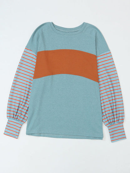 Green Striped Colorblock Bishop Sleeve Top