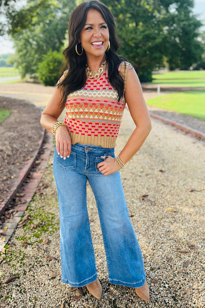 Khaki Playful Geometry Knit Slim Sweater Tank Top