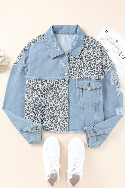 Leopard Patchwork Blue Denim Jacket for Curvy Fashionistas