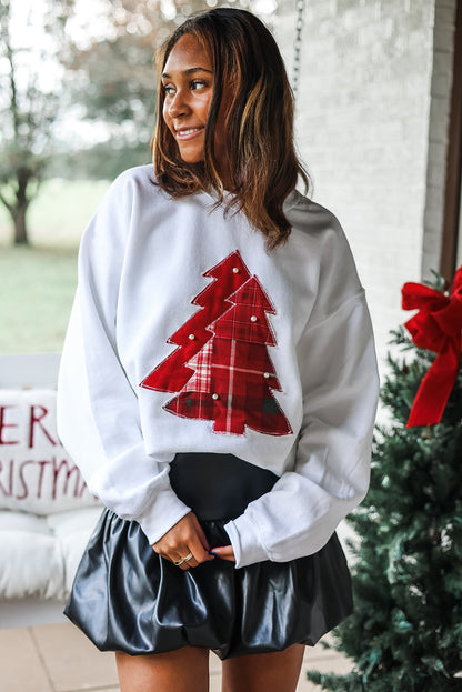 White Pearl Detail Christmas Trees Exposed Seam Patched Sweatshirt