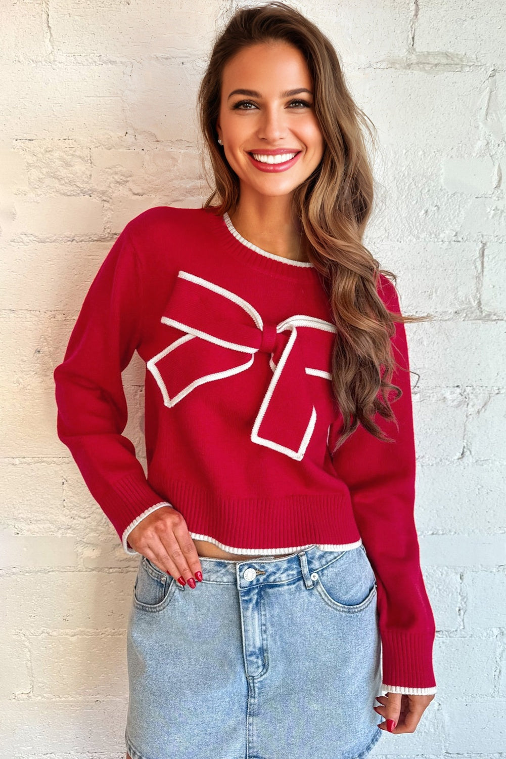 Fiery Red Contrast Trim Big Bow Accent Holiday Cropped Sweater