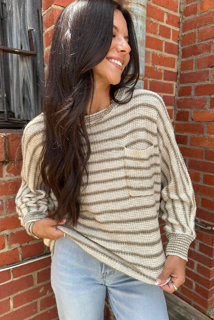 Green Stripe Single Chest Pocket Dolman Knit Sweater