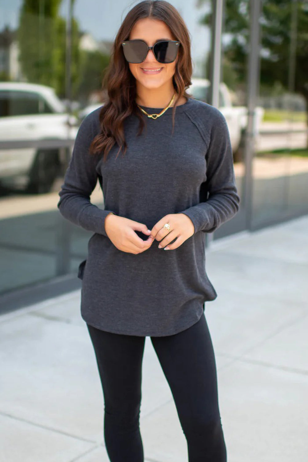 Dark Grey Solid Color Thermal Knit Exposed Seam Raglan Sleeve Top
