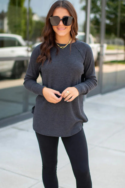 Dark Grey Solid Color Thermal Knit Exposed Seam Raglan Sleeve Top