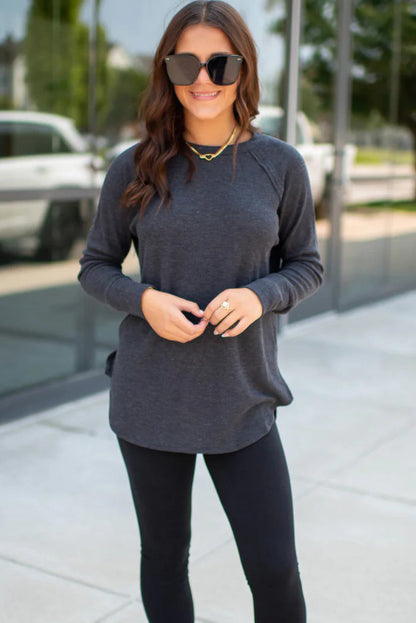Dark Grey Solid Color Thermal Knit Exposed Seam Raglan Sleeve Top