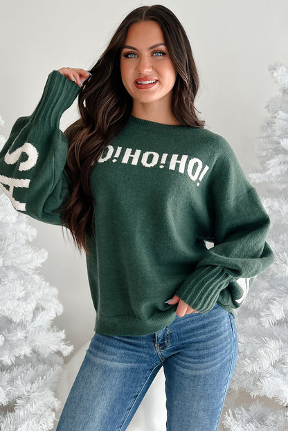 Blackish Green MERRY CHRISTMAS HO HO HO Drop Shoulder Loose Sweater