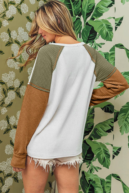 Green Block Patchwork Long Sleeve Waffle Knit Top