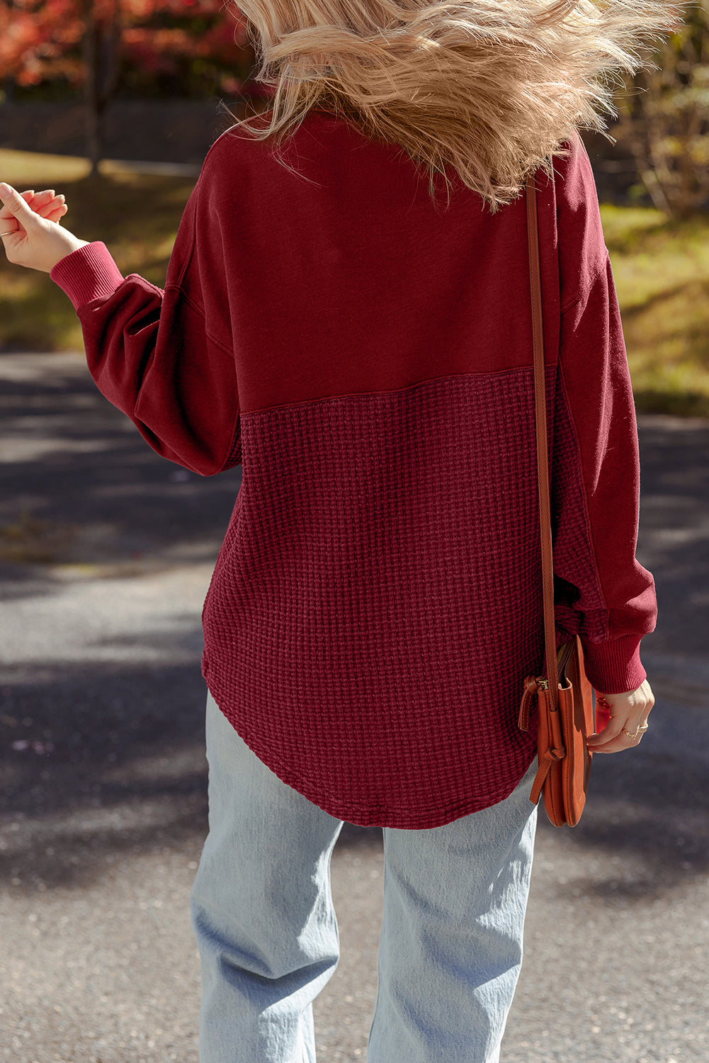 Red Dahlia Waffle Knit Patchwork Half Zipped Casual Sweatshirt