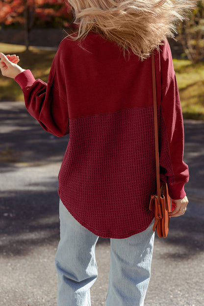 Red Dahlia Waffle Knit Patchwork Half Zipped Casual Sweatshirt
