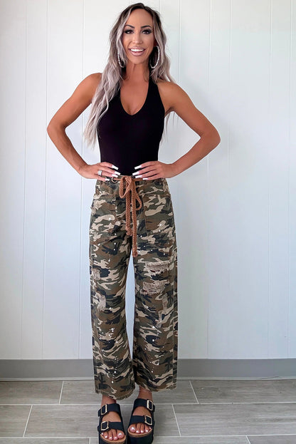 Green Camouflage Print Splashed Distressed Loose Denim Pants
