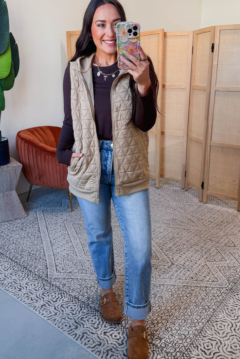 Parchment Quilted Texture Zip Up Hooded Vest