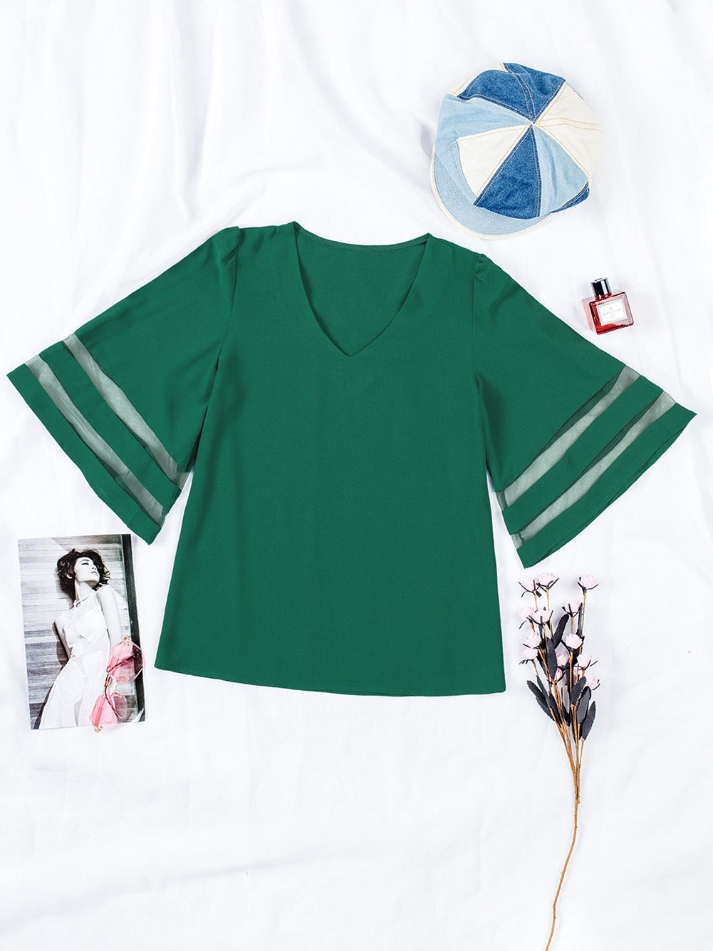 Green Sheer Flare Sleeve V Neck Casual Blouse